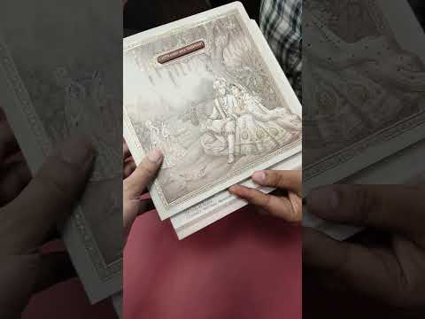 KLB876 Dulha Dulhan Design Creme Color Premium 3D Gold Foil Wedding Card (2 Page & Couple Name Wooden Plate)