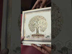 KLB885 Tree of Life Design Creme Color Premium 3D Gold Foil Hardboard Padding Thick Wedding Card (2 Page & Couple Name Wooden Plate)