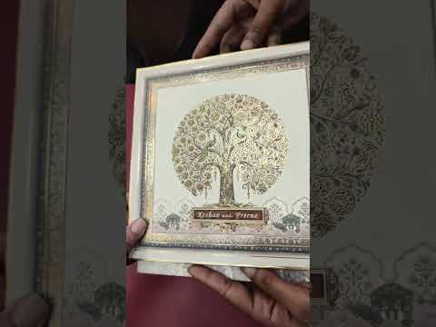 KLB885 Tree of Life Design Creme Color Premium 3D Gold Foil Hardboard Padding Thick Wedding Card (2 Page & Couple Name Wooden Plate)