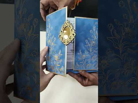 KLB860 Floral Design Blue Color Velvet Double Door Style Hardboard Padding Thick Wedding Card (2 Page & Couple Name Acrylic)