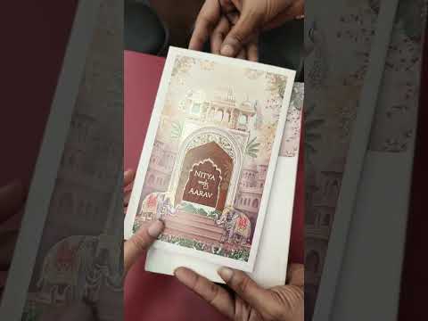 KLB881 Royal Fort Elephant Design Creme Brown Color Hardboard Padding Thick Wedding Card (2 Page & Couple Name Wooden Plate)