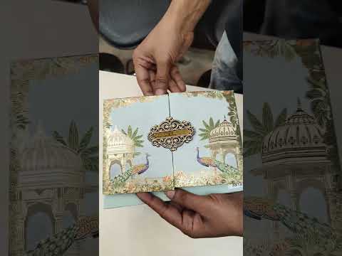 KLB825 Royal Fort Peacock Design Blue Color Double Door Style Hardboard Padding Thick Wedding Card (2 Page & Couple Name Acrylic)