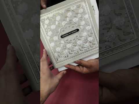 KLB-1235 White Creme Floral Embossed Semi Box Wedding Card (2 Page & Couple Name Wooden Plate)