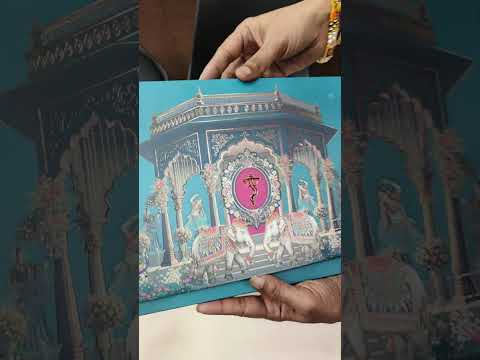 KLB902 Mandap Elephant Traditional Design Blue Color Premium 3D Gold Foil Hardboard Padding Thick Wedding Card (2 Page)