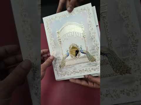KLB852 Peacock Design Creme Color Embossed Hardboard Padding Thick Wedding Card (2 Page & Couple Name Acrylic)