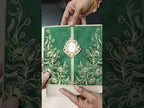 KLB862 Rose Floral Design Green Golden Color Velvet Double Door Style Hardboard Padding Thick Wedding Card (2 Page & Couple Name Acrylic)