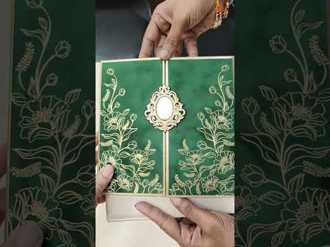 KLB862 Rose Floral Design Green Golden Color Velvet Double Door Style Hardboard Padding Thick Wedding Card (2 Page & Couple Name Acrylic)