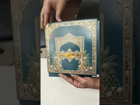 KLB744 Floral Design Blue Color Embossed Semi Box Wedding Card (2 Page & Couple Name Acrylic)