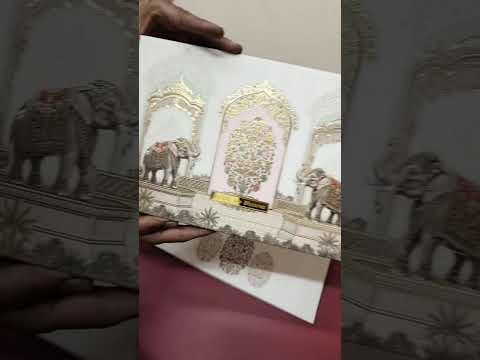 KLB-1487 Creme Pink Royal Arch Elephant 3D Gold Foil Padded Thick Wedding Card (2 Page & Couple Name Acrylic)