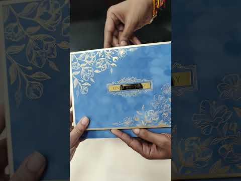 KLB857 Floral Design Blue Golden Color Velvet Double Door Style Hardboard Padding Thick Wedding Card (2 Page & Couple Name Acrylic)