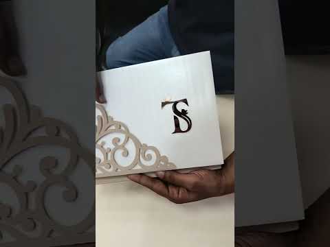 KLB715 Floral Design White Brown Color Laser Cut Leatherette Hardboard Padding Thick Wedding Card (2 Page & Couple Initial Acrylic)