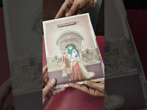 KLB891 Dulha Dulhan Design Creme Brown Color Premium 3D Gold Foil Hardboard Padding Thick Wedding Card (2 Page & Couple Name Wooden Plate)