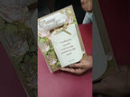 KLB684 Floral Design Green Pink Color Couple Name Laser Cut MDF Thick Wedding Card (2 Page)