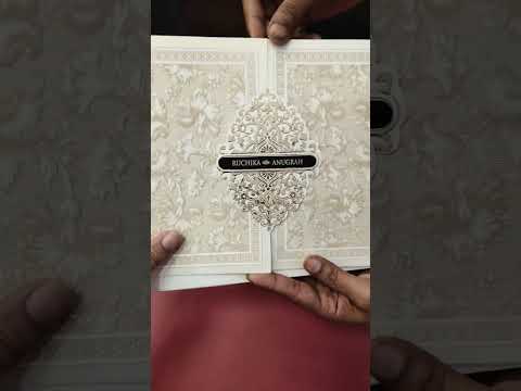KLB-1179 White Creme Floral Embossed Semi Box Wedding Card (2 Page & Couple Name Wooden Plate)