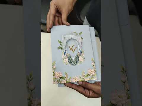 KLB822 Lotus Peacock Design Blue Color Hardboard Padding Thick Wedding Card (2 Page & Couple Initial Acrylic)