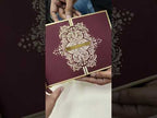 KLB717 Floral Traditional Design Maroon Golden Color Leatherette Double Door Style Hardboard Padding Thick Wedding Card (2 Page & Couple Name Acrylic)