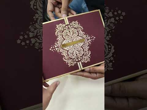 KLB717 Floral Traditional Design Maroon Golden Color Leatherette Double Door Style Hardboard Padding Thick Wedding Card (2 Page & Couple Name Acrylic)
