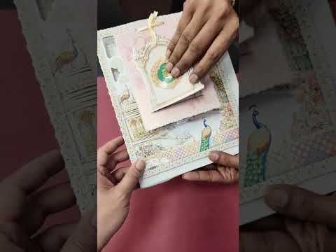 KLB-1369 Blue Pink Royal Arch Peacock Laser Cut Carry Bag Style MDF Thick Wedding Card (2 Page)