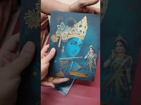 KLB-1472 Royal Blue Radha Krishna 3D Gold Foil Padded Thick Wedding Card (2 Page & Couple Name Acrylic)