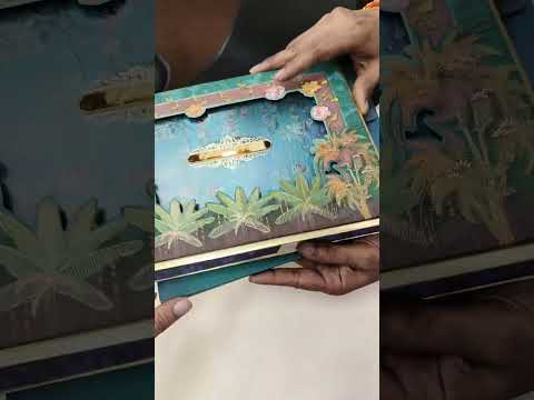 KLB899 Floral Design Blue Color Laser Cut Premium 3D Gold Foil Hardboard Padding Thick Wedding Card (2 Page & Couple Name Acrylic)