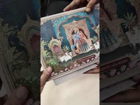 KLB935 Royal Blue Pichwai Radha Krishna Laser Cut Padded Thick Wedding Card (2 Page & Couple Name Wooden Plate)