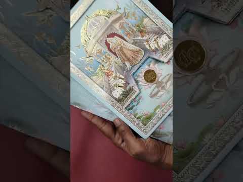 KLB933 Blue Bride Groom Royal Fort Pichwai Laser Cut Padded Thick Wedding Card (2 Page & Couple Initial Acrylic)