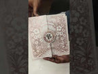 KLB749 Floral Design Creme Color Double Door Style Embossed Semi Box Wedding Card (2 Page & Couple Initial Acrylic)
