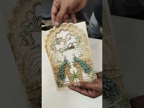 KLB819 Peacock Design Creme Brown Color Couple Name Laser Cut MDF Thick Wedding Card (2 Page)