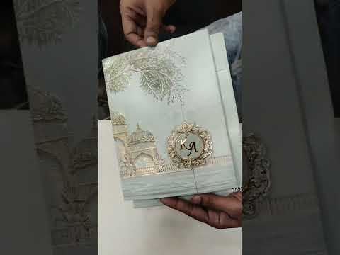 KLB786 Royal Fort Design Blue Color Double Door Style Embossed Semi Box Wedding Card (2 Page & Couple Initial Acrylic)