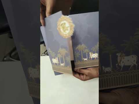 KLB750 Traditional Pichwai Design Royal Blue Color Double Door Style Semi Box Wedding Card (2 Page & Couple Initial Acrylic)