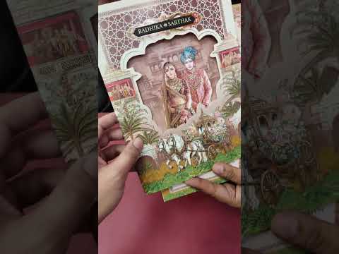 KLB-1293 Creme Brown Bride Groom Barat Laser Cut Semi Box Wedding Card (2 Page & Couple Name Wooden Plate)