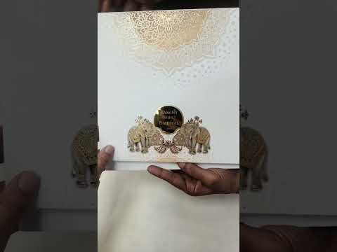 KLB727 Elephant Design Creme Color Hardboard Padding Thick Wedding Card (2 Page & Couple Name Acrylic)