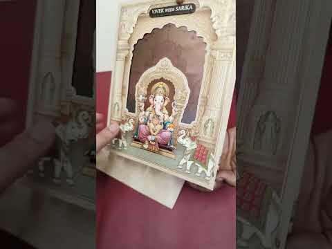 KLB-1504 Creme Brown Elephant Ganesh Ji Laser Cut Wedding Card (2 Page & Couple Name Wooden Plate)