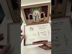 KLB900 Royal Fort Design Creme Maroon Color Premium 3D Gold Foil Hardboard Padding Thick Wedding Card (2 Page & Couple Name Wooden Plate)