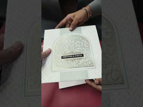 KLB-1288 White Green Traditional Embossed Padded Thick Wedding Card (2 Page & Couple Name Wooden Plate)
