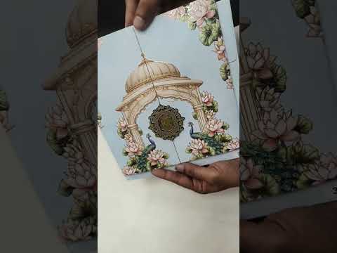 KLB751 Lotus Peacock Design Blue Color Double Door Style Embossed Semi Box Wedding Card (2 Page & Couple Initial Acrylic)