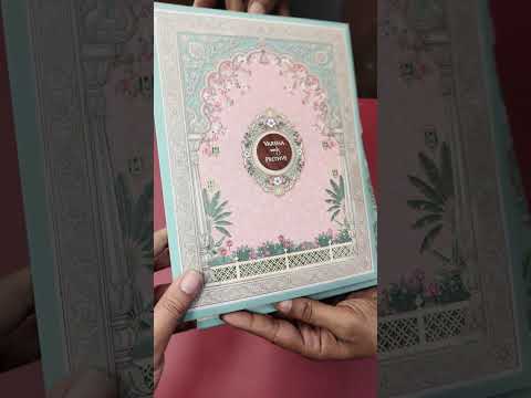 KLB888 Royal Fort Pichwai Design Blue Pink Color Premium 3D Gold Foil Hardboard Padding Thick Wedding Card (2 Page & Couple Name Wooden Plate)
