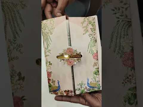 KLB814 Peacock Design Peach Color Double Door Style Hardboard Padding Thick Wedding Card (2 Page & Couple Name Acrylic)