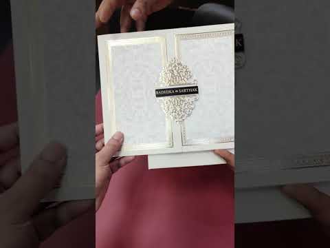 KLB-1319 White Creme Floral Door Style Embossed Semi Box Wedding Card (2 Page & Couple Name Wooden Plate)