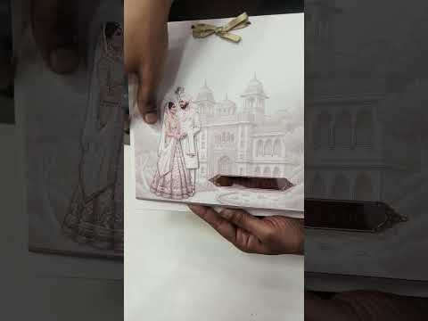 KLB736 Dulha Dulhan Royal Fort Design Creme Color Semi Box Wedding Card (2 Page & Couple Name Acrylic)