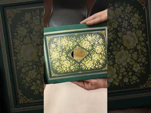 KLB849 Rose Floral Design Green Color Leatherette Hardboard Padding Thick Wedding Card (2 Page & Couple Name Acrylic)