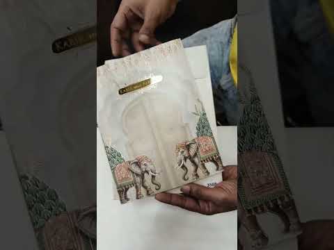 KLB784 Elephant Design Creme Color Embossed Semi Box Wedding Card (2 Page & Couple Name Acrylic)