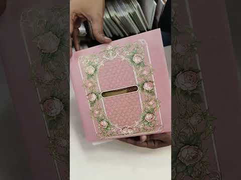 KLB707 Rose Floral Design Pink Color Hardboard Padding Thick Wedding Card (2 Page & Couple Name Acrylic)