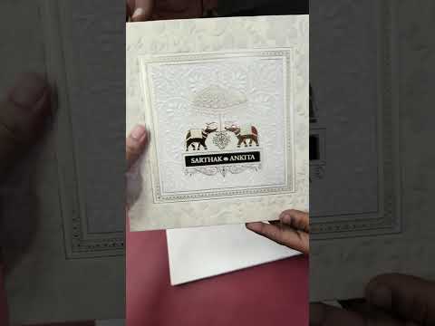 KLB-1289 White Creme Elephant Embossed Padded Thick Wedding Card (2 Page & Couple Name Wooden Plate)