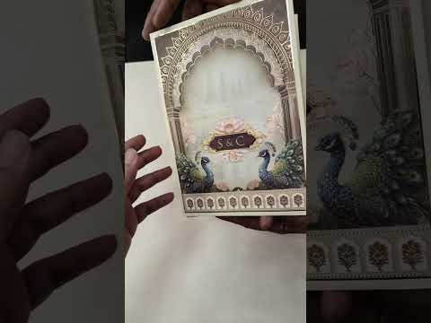 KLB908 Creme Brown Lotus Floral Peacock Padded Thick Wedding Card (2 Page & Couple Initial Wooden Plate)