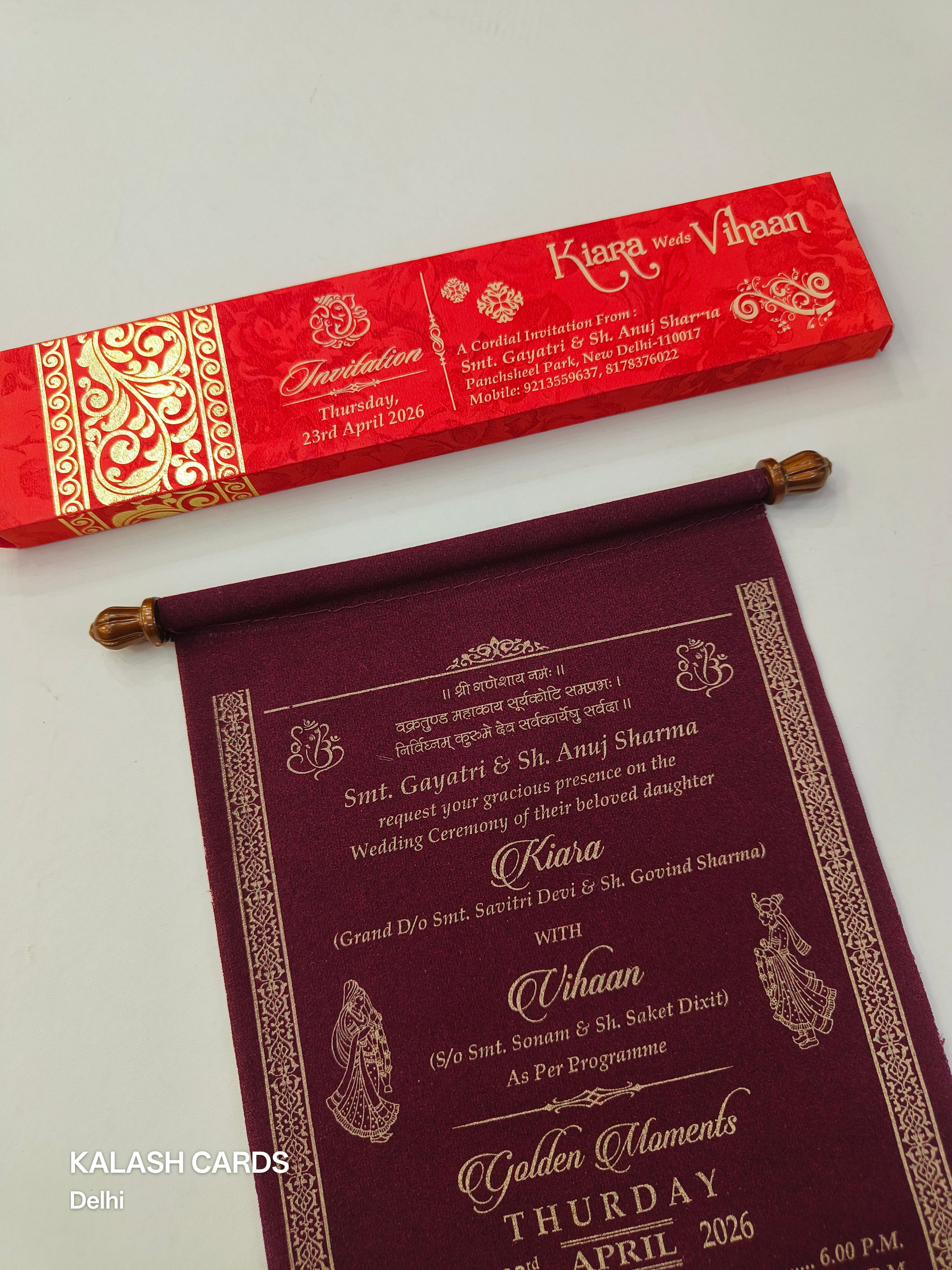 KL19 Velvet Fabric Scroll Wedding Card with Box-Kalash Cards