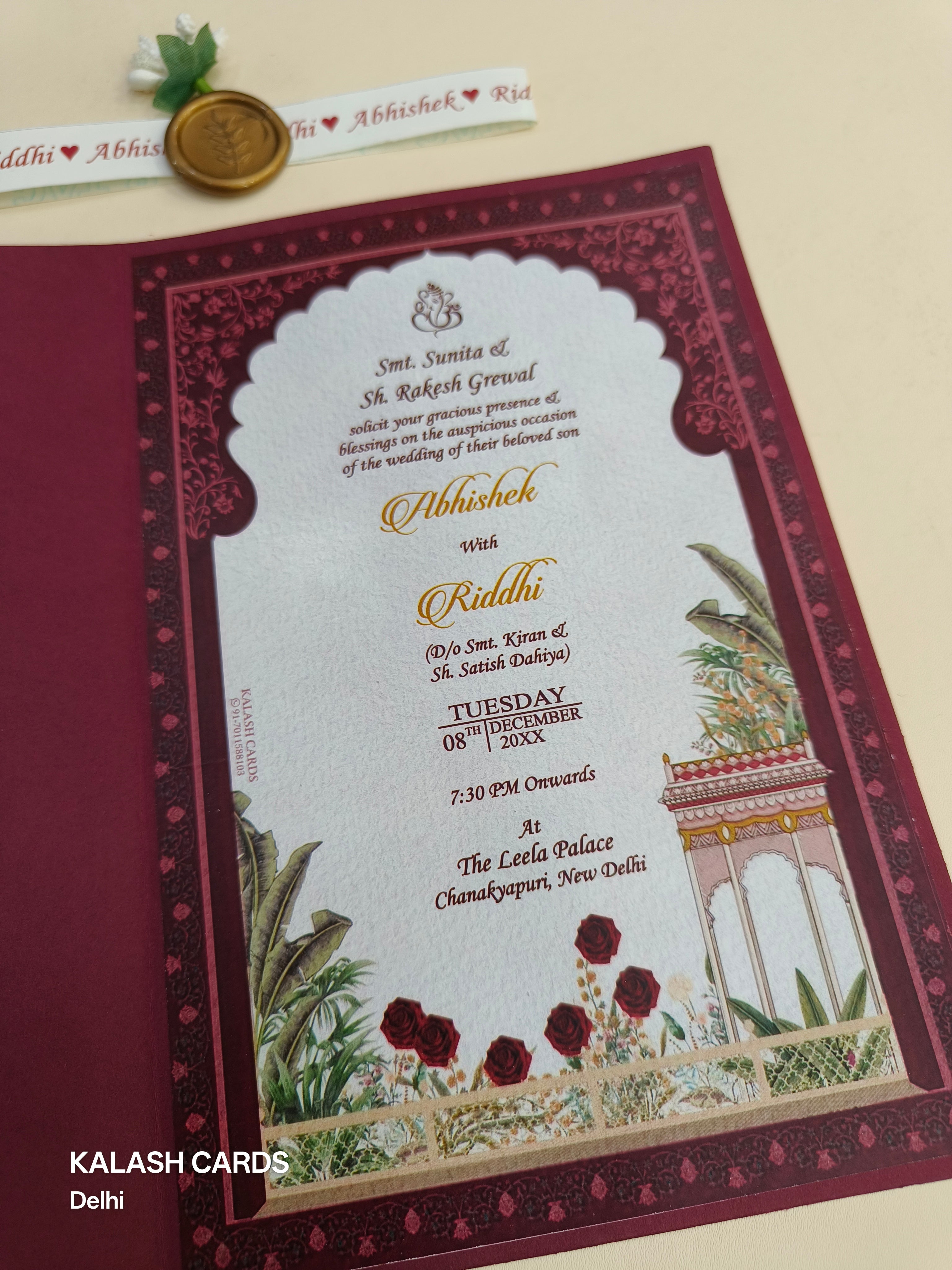 KL2171 Floral Theme Minimal Wedding Card with Flower Seal & Band (1 Page) - Pack of 10 Qty-Kalash Cards