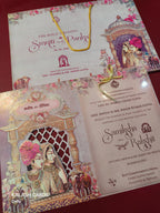 KLB579 Carry Bag Style Cut Work Raja Rani Design Paper Wedding Card (2 Page & 1 Transparent PVC)-Kalash Cards