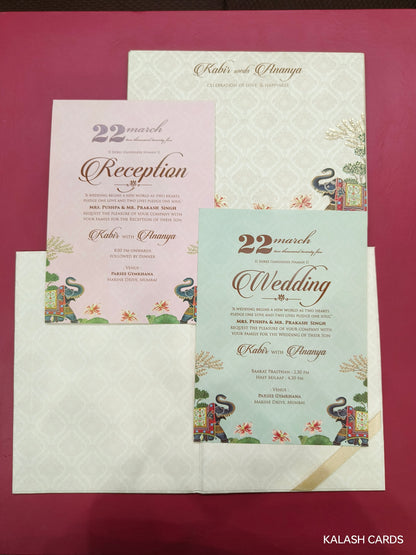 KLB703* Traditional Elephant Design Hardbound Padding Thick Wedding Card with Couple Name Acrylic Mirror-Kalash Cards