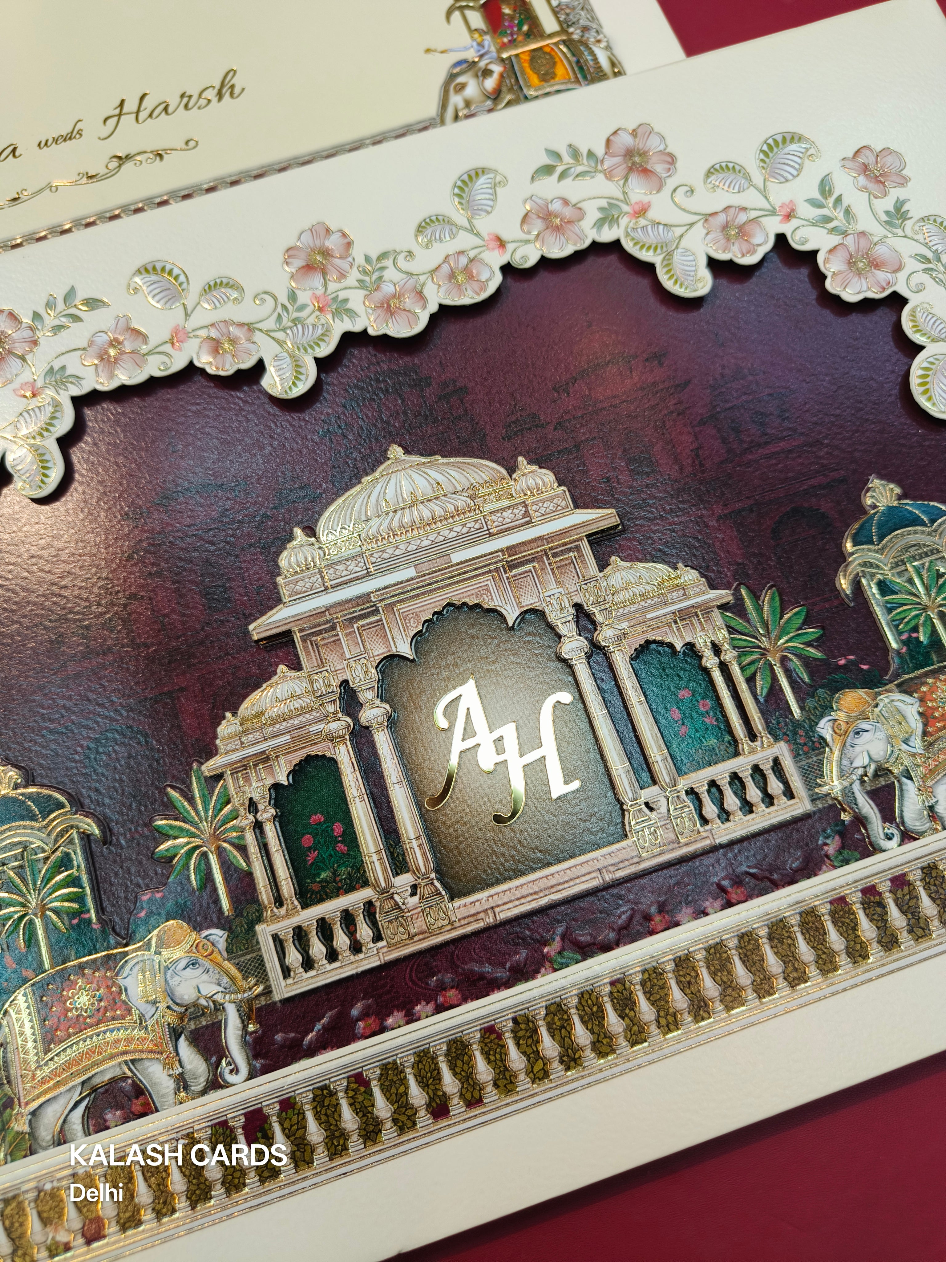 KLB523 Royal Elephant Theme Laser Cut Work Hardboard Padding Thick Wedding Card (2 Thick Page & Acrylic Couple Initial)-Kalash Cards